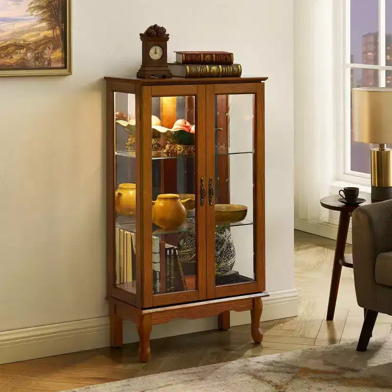 Vitrine avec 2 portes en verre trempé, Meuble de rangement avec 3 étagères réglables et panneau arrière en miroir, Armoire pour salon
