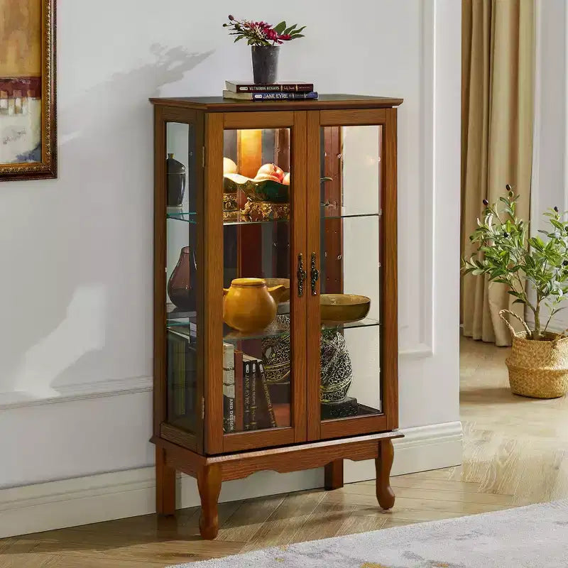 Vitrine avec 2 portes en verre trempé, Meuble de rangement avec 3 étagères réglables et panneau arrière en miroir, Armoire pour salon
