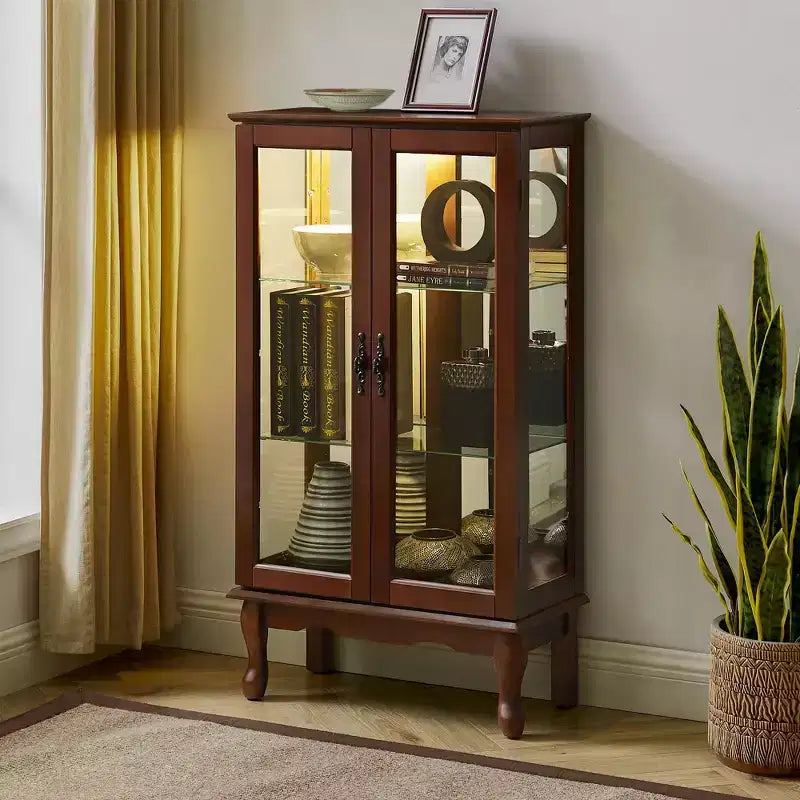Vitrine avec 2 portes en verre trempé, Meuble de rangement avec 3 étagères réglables et panneau arrière en miroir, Armoire pour salon