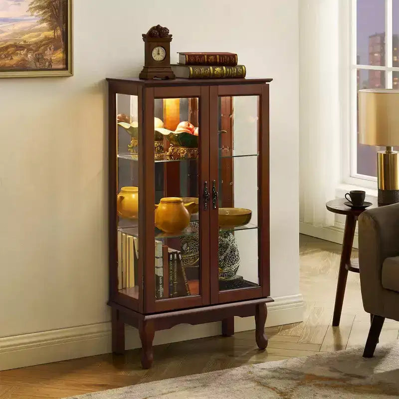 Vitrine avec 2 portes en verre trempé, Meuble de rangement avec 3 étagères réglables et panneau arrière en miroir, Armoire pour salon