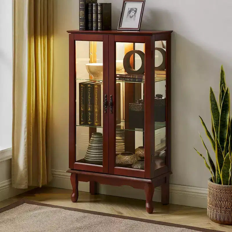 Vitrine avec 2 portes en verre trempé, Meuble de rangement avec 3 étagères réglables et panneau arrière en miroir, Armoire pour salon