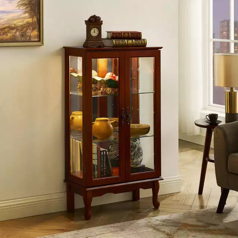 Vitrine avec 2 portes en verre trempé, Meuble de rangement avec 3 étagères réglables et panneau arrière en miroir, Armoire pour salon