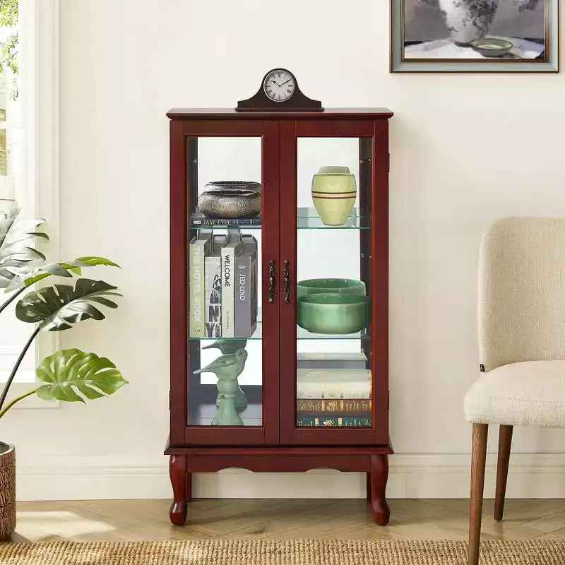 Vitrine avec 2 portes en verre trempé, Meuble de rangement avec 3 étagères réglables et panneau arrière en miroir, Armoire pour salon