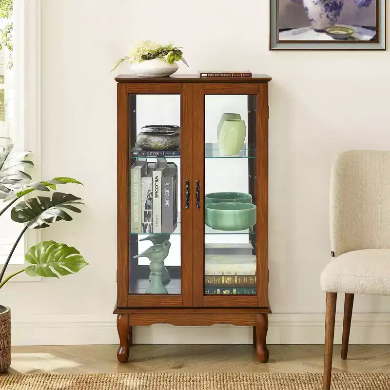 Vitrine avec 2 portes en verre trempé, Meuble de rangement avec 3 étagères réglables et panneau arrière en miroir, Armoire pour salon