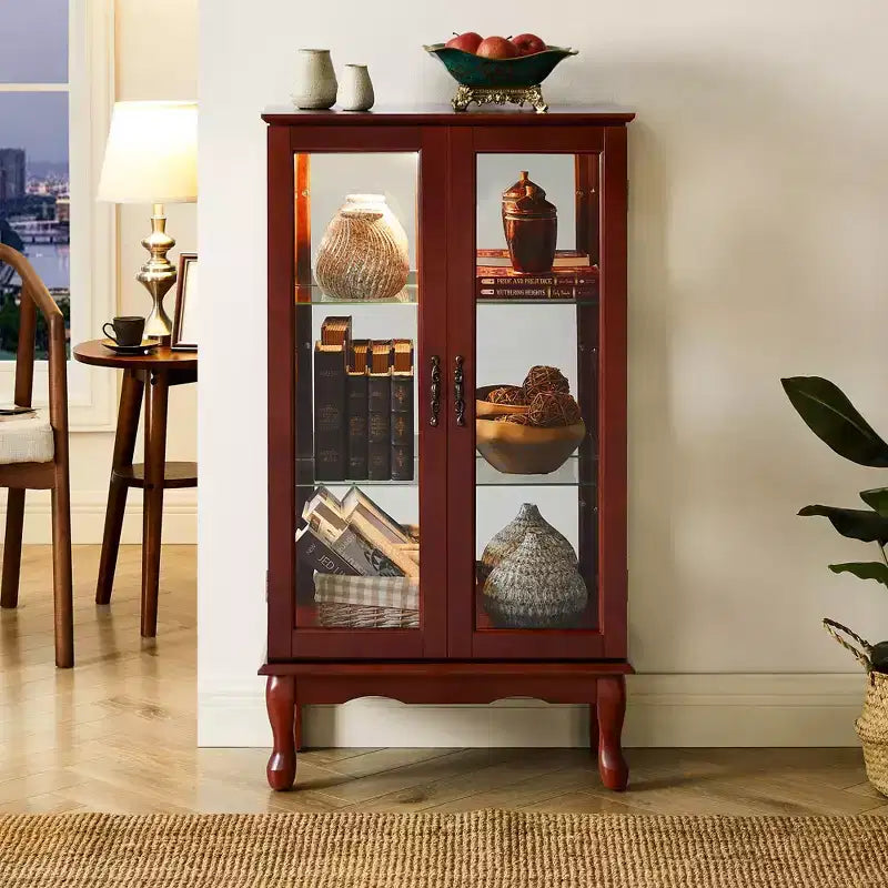 Vitrine avec 2 portes en verre trempé, Meuble de rangement avec 3 étagères réglables et panneau arrière en miroir, Armoire pour salon