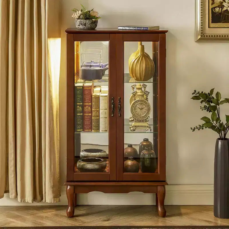 Vitrine avec 2 portes en verre trempé, Meuble de rangement avec 3 étagères réglables et panneau arrière en miroir, Armoire pour salon