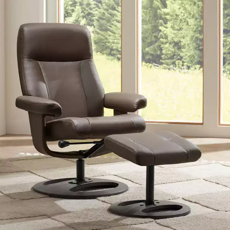 Fauteuil inclinable moderne en similicuir chocolat avec repose-pieds ottoman Ergonomique Manuel Pivotant pour chambre à coucher