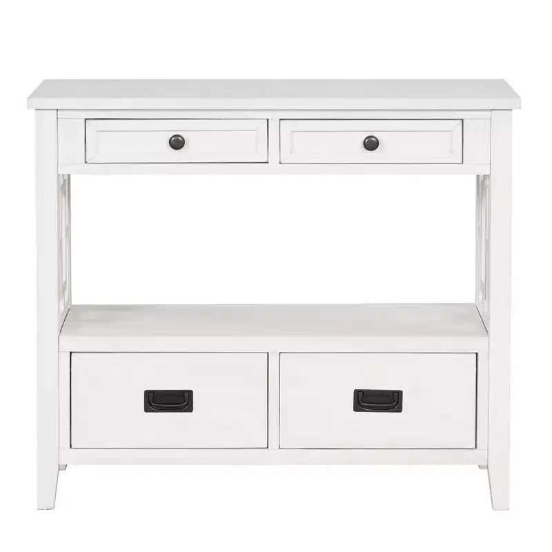 Console de ferme en bois de 91 cm avec 4 tiroirs et 1 étagère de rangement pour entrée et salon, blanc antique
