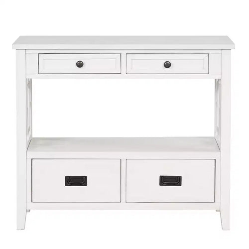 Console de ferme en bois de 91 cm avec 4 tiroirs et 1 étagère de rangement pour entrée et salon, blanc antique