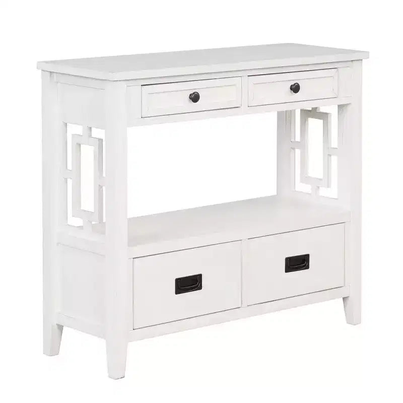 Console de ferme en bois de 91 cm avec 4 tiroirs et 1 étagère de rangement pour entrée et salon, blanc antique