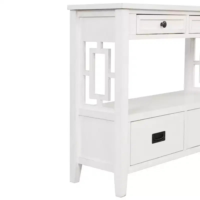 Console de ferme en bois de 91 cm avec 4 tiroirs et 1 étagère de rangement pour entrée et salon, blanc antique