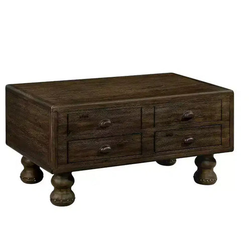 Table basse en bois de 101,6 cm avec 4 tiroirs et pieds décoratifs à rivets pour salon, assemblage facile, expresso
