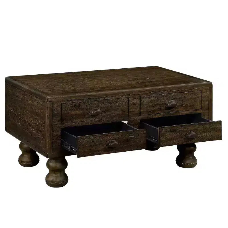 Table basse en bois de 101,6 cm avec 4 tiroirs et pieds décoratifs à rivets pour salon, assemblage facile, expresso
