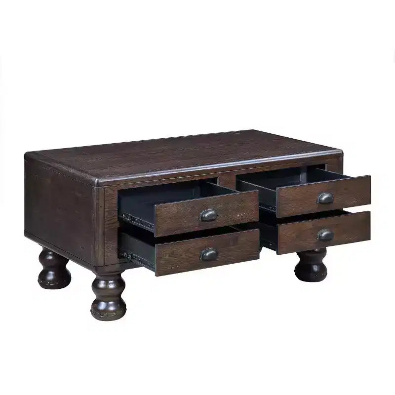 Table basse en bois de 101,6 cm avec 4 tiroirs et pieds décoratifs à rivets pour salon, assemblage facile, expresso