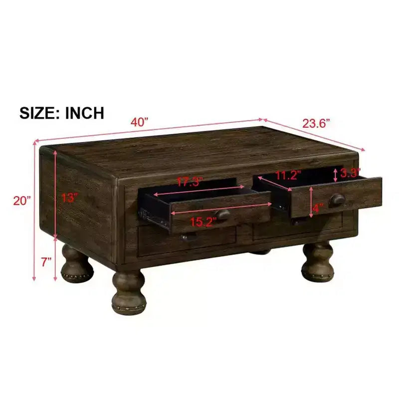 Table basse en bois de 101,6 cm avec 4 tiroirs et pieds décoratifs à rivets pour salon, assemblage facile, expresso