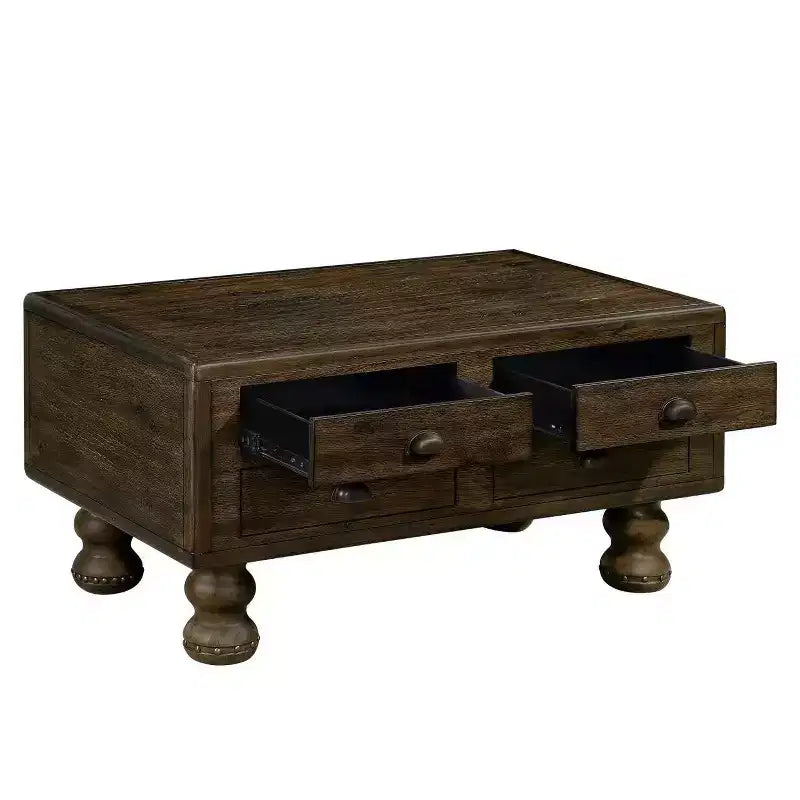Table basse en bois de 101,6 cm avec 4 tiroirs et pieds décoratifs à rivets pour salon, assemblage facile, expresso
