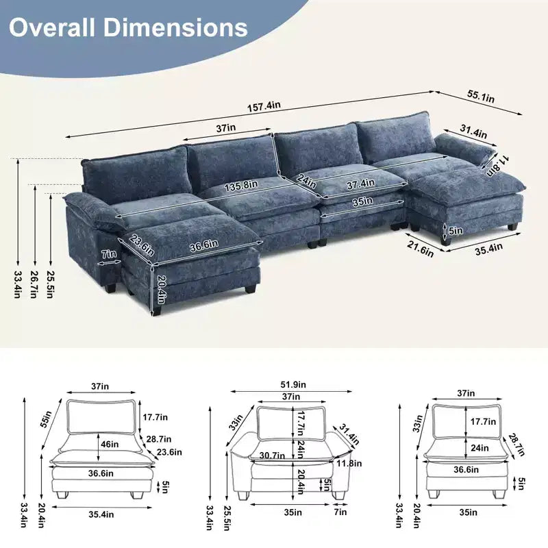 |Canapé en chenille bleu avec ottomane, accoudoirs rembourrés et coussin double couche de 155 po de largeur