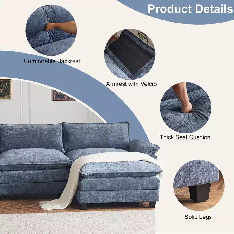 |Canapé en chenille bleu avec ottomane, accoudoirs rembourrés et coussin double couche de 155 po de largeur