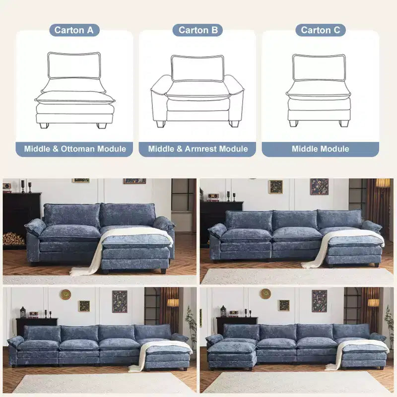 |Canapé en chenille bleu avec ottomane, accoudoirs rembourrés et coussin double couche de 155 po de largeur
