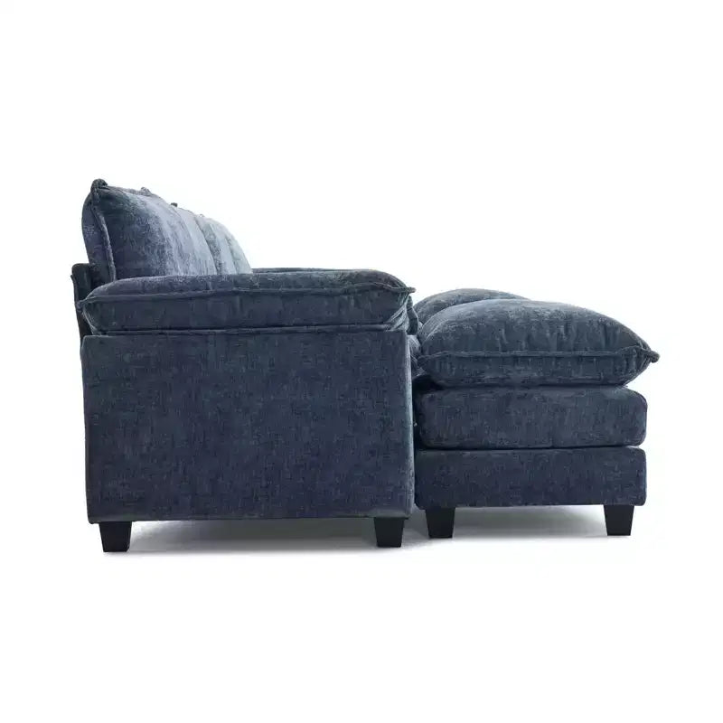 |Canapé en chenille bleu avec ottomane, accoudoirs rembourrés et coussin double couche de 155 po de largeur