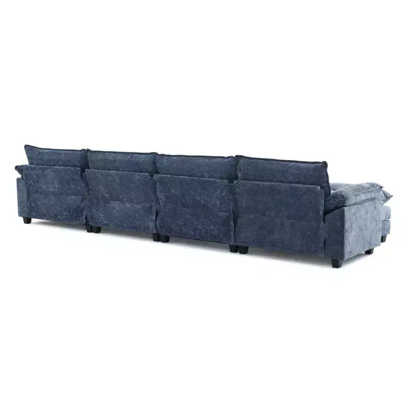 |Canapé en chenille bleu avec ottomane, accoudoirs rembourrés et coussin double couche de 155 po de largeur