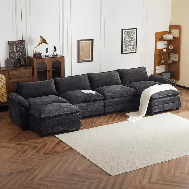 |Canapé en chenille bleu avec ottomane, accoudoirs rembourrés et coussin double couche de 155 po de largeur