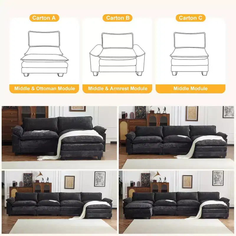 |Canapé en chenille bleu avec ottomane, accoudoirs rembourrés et coussin double couche de 155 po de largeur