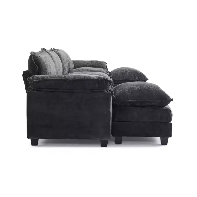|Canapé en chenille bleu avec ottomane, accoudoirs rembourrés et coussin double couche de 155 po de largeur