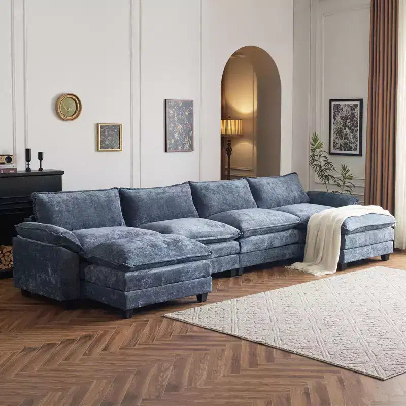 |Canapé en chenille bleu avec ottomane, accoudoirs rembourrés et coussin double couche de 155 po de largeur