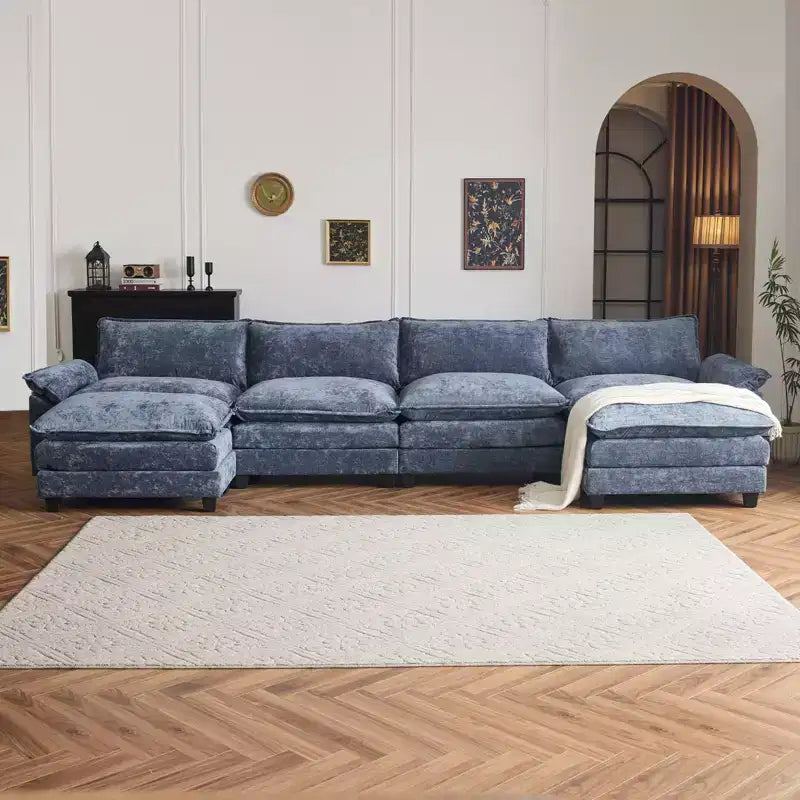 |Canapé en chenille bleu avec ottomane, accoudoirs rembourrés et coussin double couche de 155 po de largeur