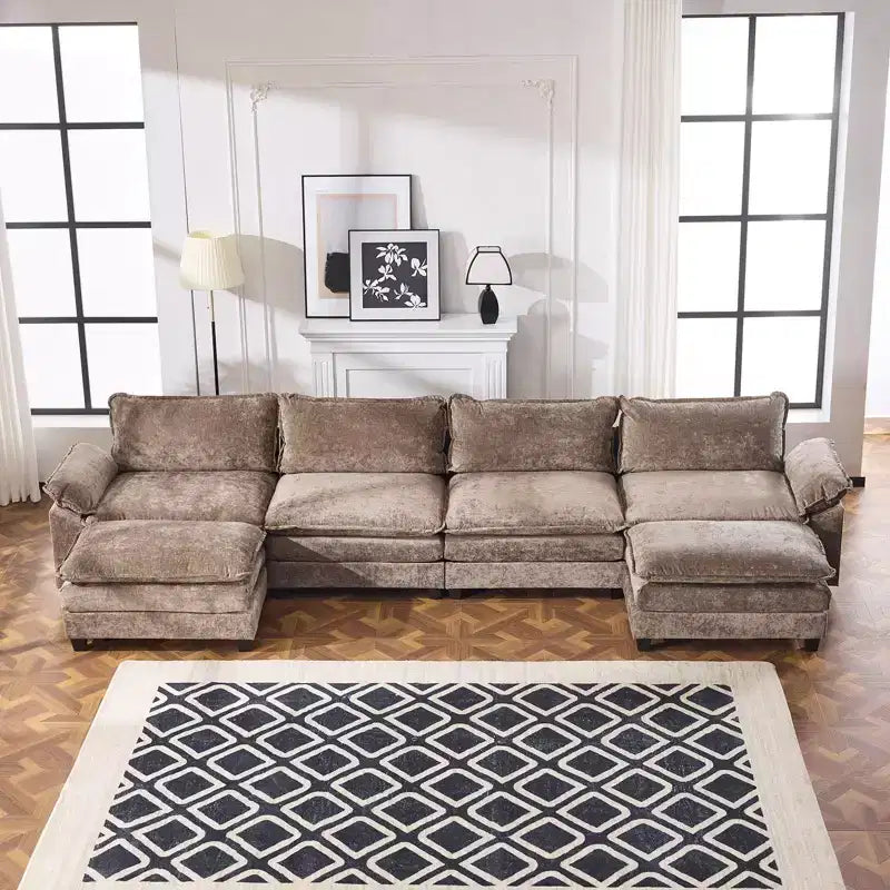 |Canapé en chenille bleu avec ottomane, accoudoirs rembourrés et coussin double couche de 155 po de largeur