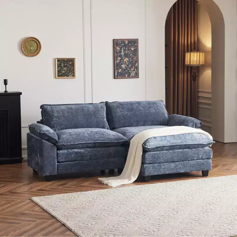 |Canapé en chenille noir avec ottomane, accoudoirs rembourrés et coussin double couche de 305 cm de large