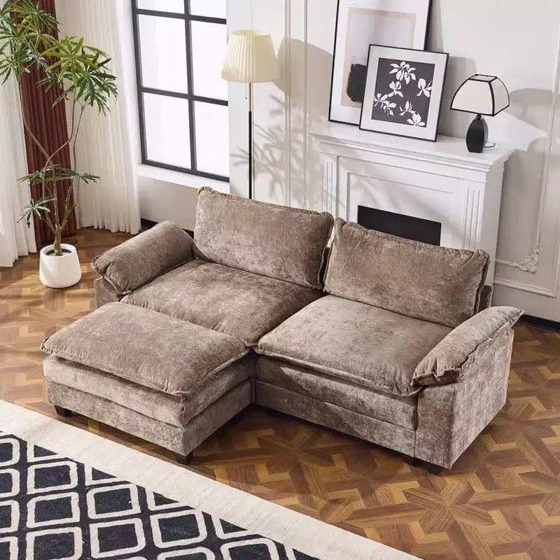 |Canapé en chenille noir avec ottomane, accoudoirs rembourrés et coussin double couche de 305 cm de large