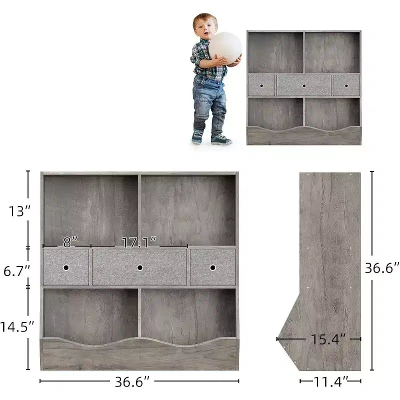 Organisateur de rangement pour jouets à 7 casiers avec tiroirs, étagère à 3 niveaux pour salle de jeux, salon, école, lot de 2, gris