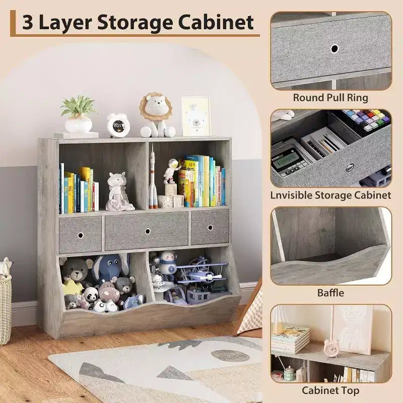 Organisateur de rangement pour jouets à 7 casiers avec tiroirs, étagère à 3 niveaux pour salle de jeux, salon, école, lot de 2, gris