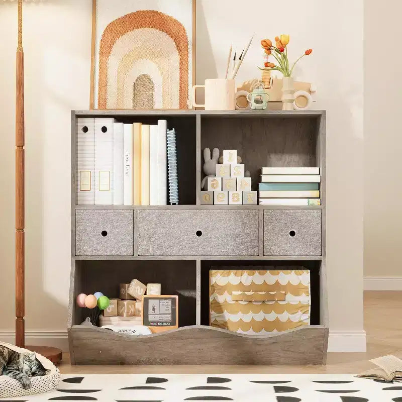 Organisateur de rangement pour jouets à 7 casiers avec tiroirs, étagère à 3 niveaux pour salle de jeux, salon, école, lot de 2, gris