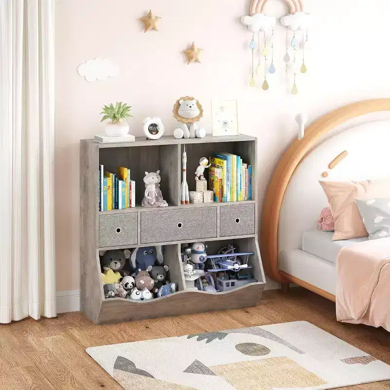 Organisateur de rangement pour jouets à 7 casiers avec tiroirs, étagère à 3 niveaux pour salle de jeux, salon, école, lot de 2, gris