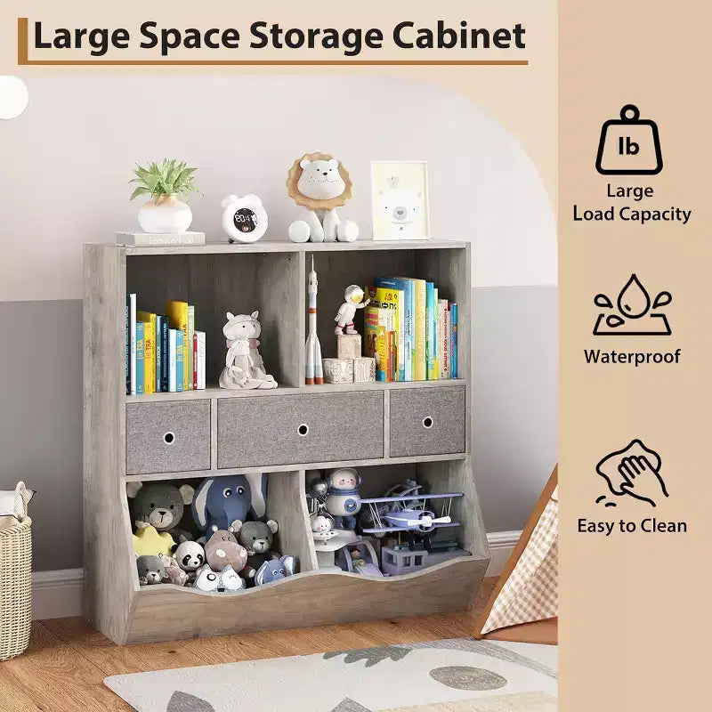 Organisateur de rangement pour jouets à 7 casiers avec tiroirs, étagère à 3 niveaux pour salle de jeux, salon, école, lot de 2, gris