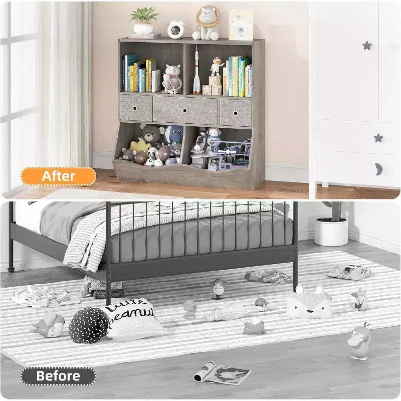 Organisateur de rangement pour jouets à 7 casiers avec tiroirs, étagère à 3 niveaux pour salle de jeux, salon, école, lot de 2, gris