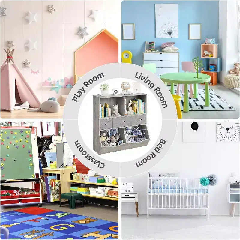Organisateur de rangement pour jouets à 7 casiers avec tiroirs, étagère à 3 niveaux pour salle de jeux, salon, école, lot de 2, gris
