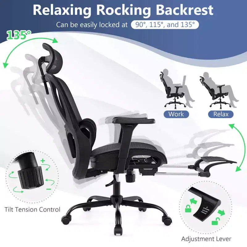 Chaise de bureau ergonomique avec appui-tête rotatif et support lombaire réglable