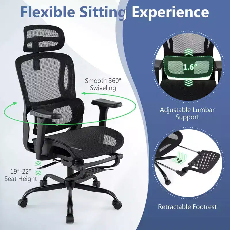 Chaise de bureau ergonomique avec appui-tête rotatif et support lombaire réglable