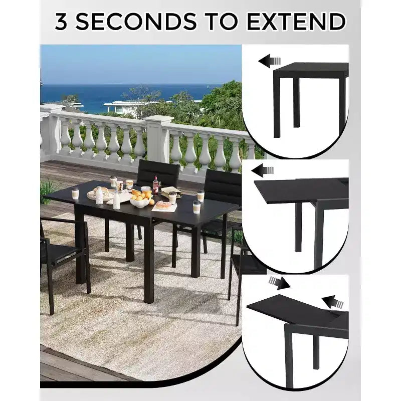 Table de patio extensible de 80 à 160 cm pour 4 à 6 personnes, table à manger d'extérieur rectangulaire avec plateau effet bois pour jardin, terrasse, véranda