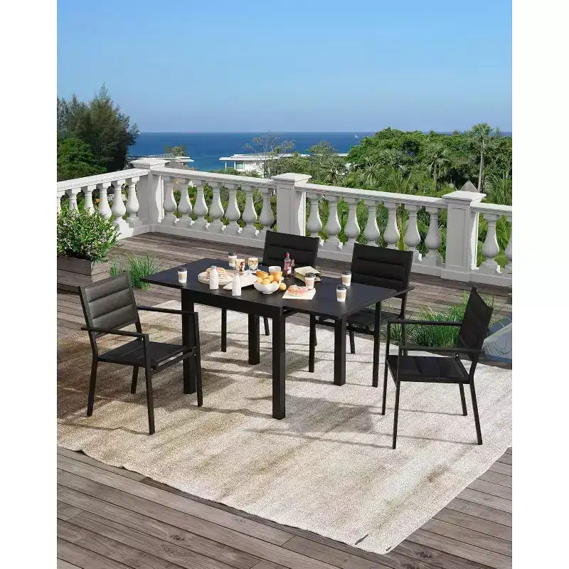 Table de patio extensible de 80 à 160 cm pour 4 à 6 personnes, table à manger d'extérieur rectangulaire avec plateau effet bois pour jardin, terrasse, véranda