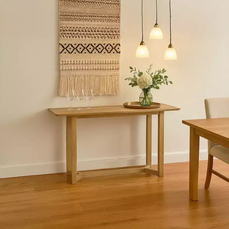 Console | Plateau rectangulaire de 48 po | Cadre ouvert avec base en tréteaux | Bois de manguier