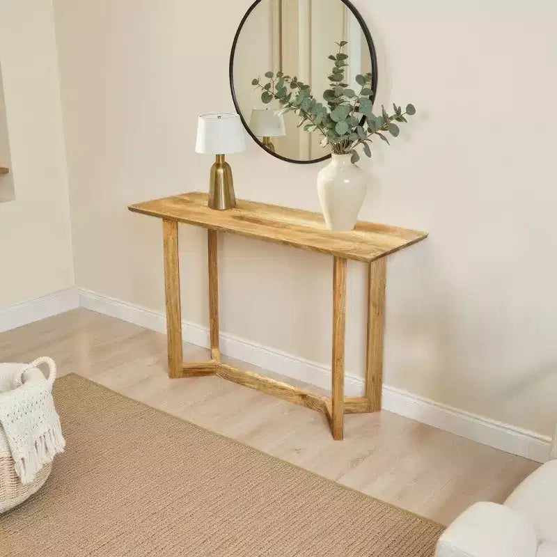 Console | Plateau rectangulaire de 48 po | Cadre ouvert avec base en tréteaux | Bois de manguier