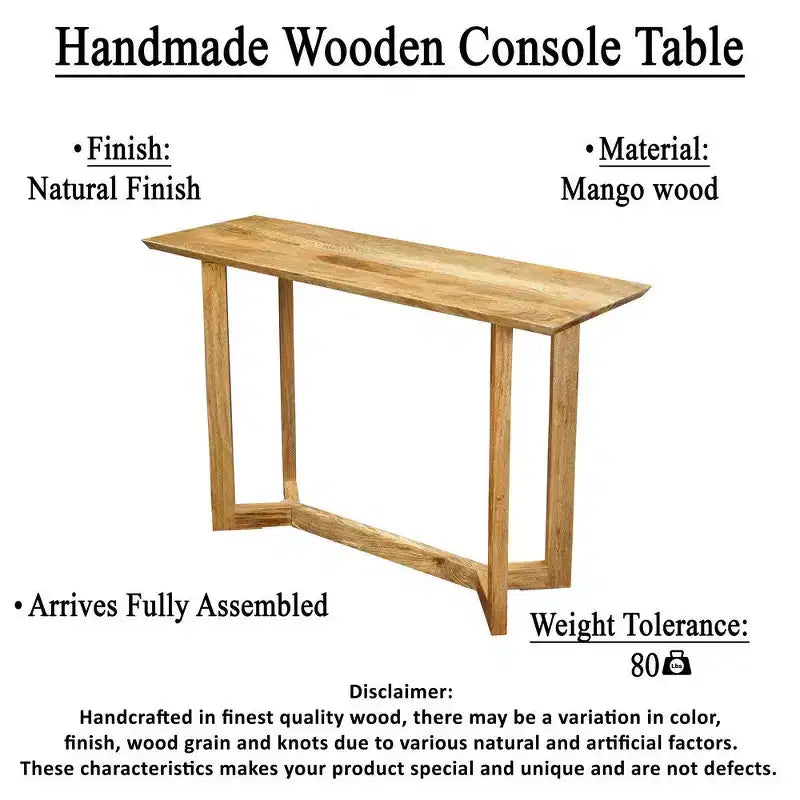 Console | Plateau rectangulaire de 48 po | Cadre ouvert avec base en tréteaux | Bois de manguier
