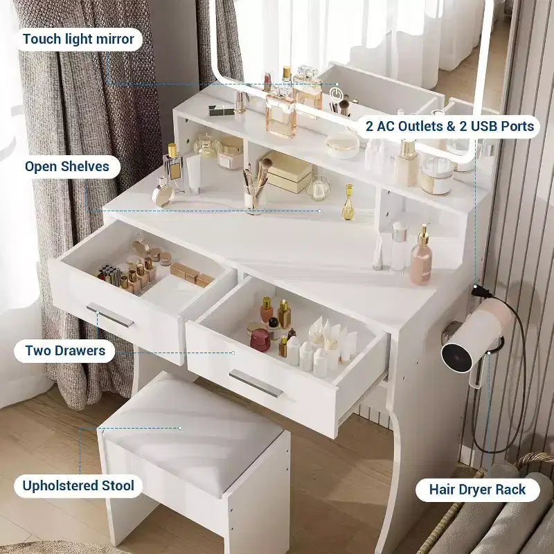 Coiffeuse de 80 cm de large avec miroir, station de recharge et tabouret, ensemble de coiffeuse compact en bois pour chambre de fille, dortoir, appartement