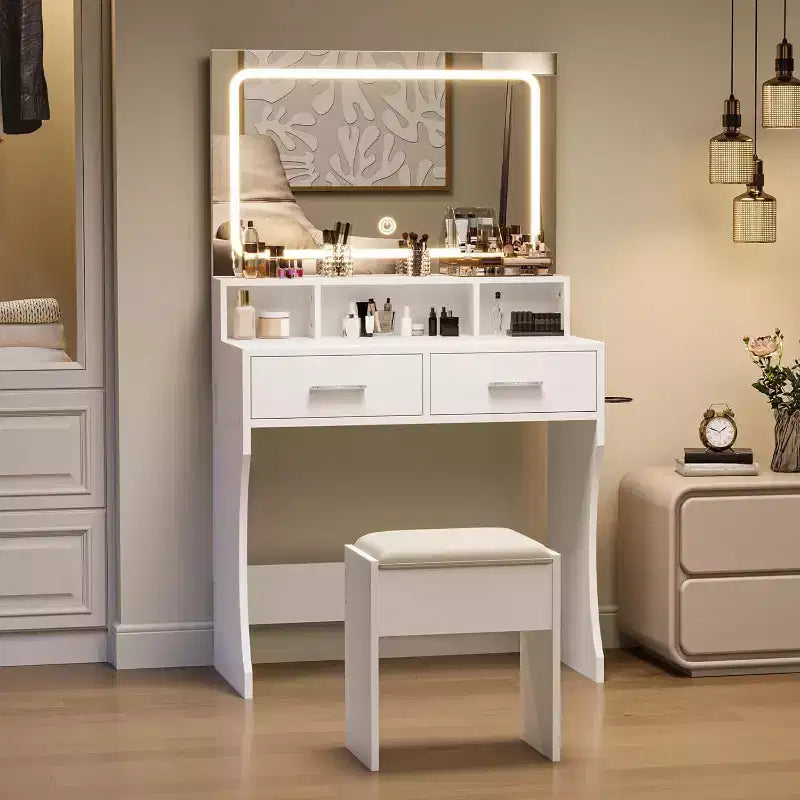 Coiffeuse de 80 cm de large avec miroir, station de recharge et tabouret, ensemble de coiffeuse compact en bois pour chambre de fille, dortoir, appartement
