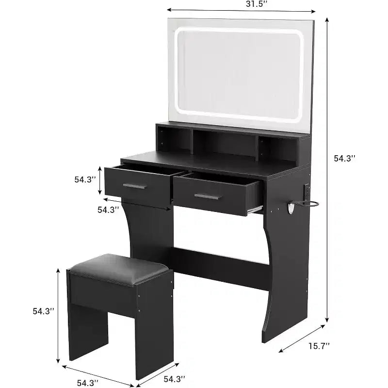 Coiffeuse de 80 cm de large avec miroir, station de recharge et tabouret, ensemble de coiffeuse compact en bois pour chambre de fille, dortoir, appartement